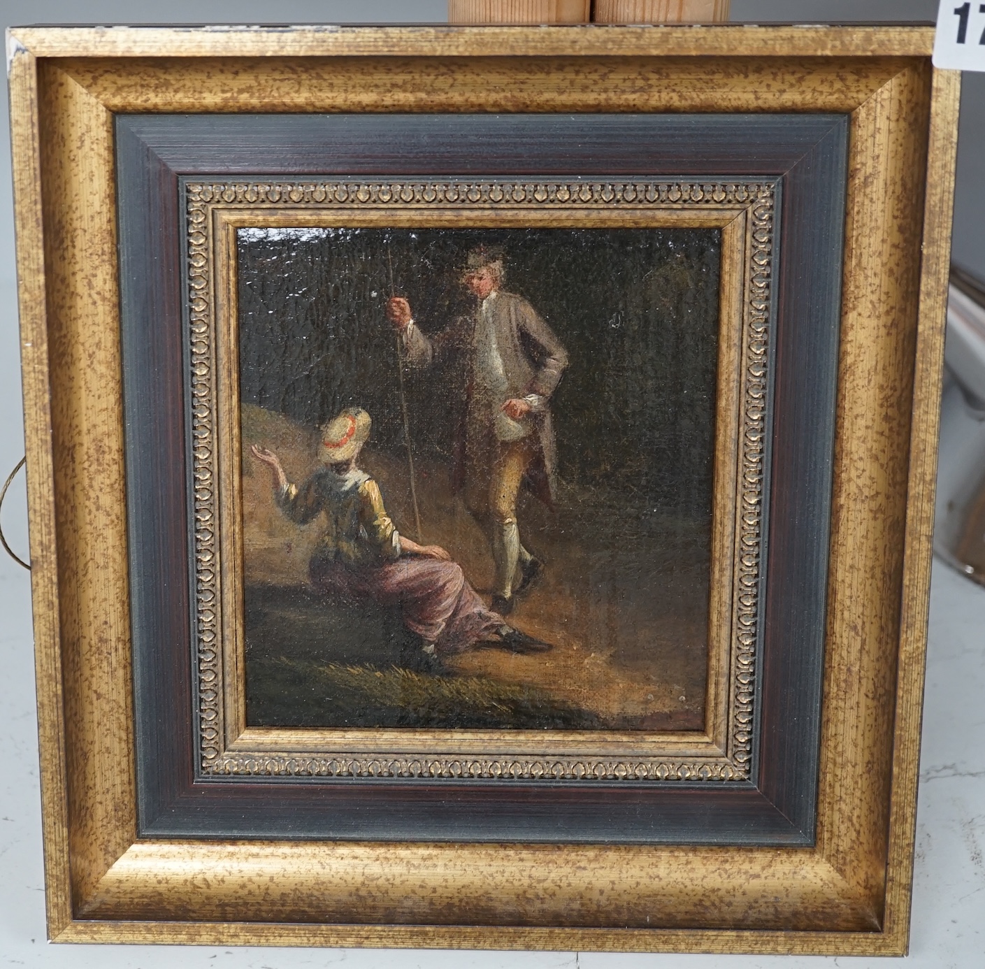 19th century, English School, oil on board, two figures in a landscape, 14.5 x 13cm. Condition - fair, some general wear